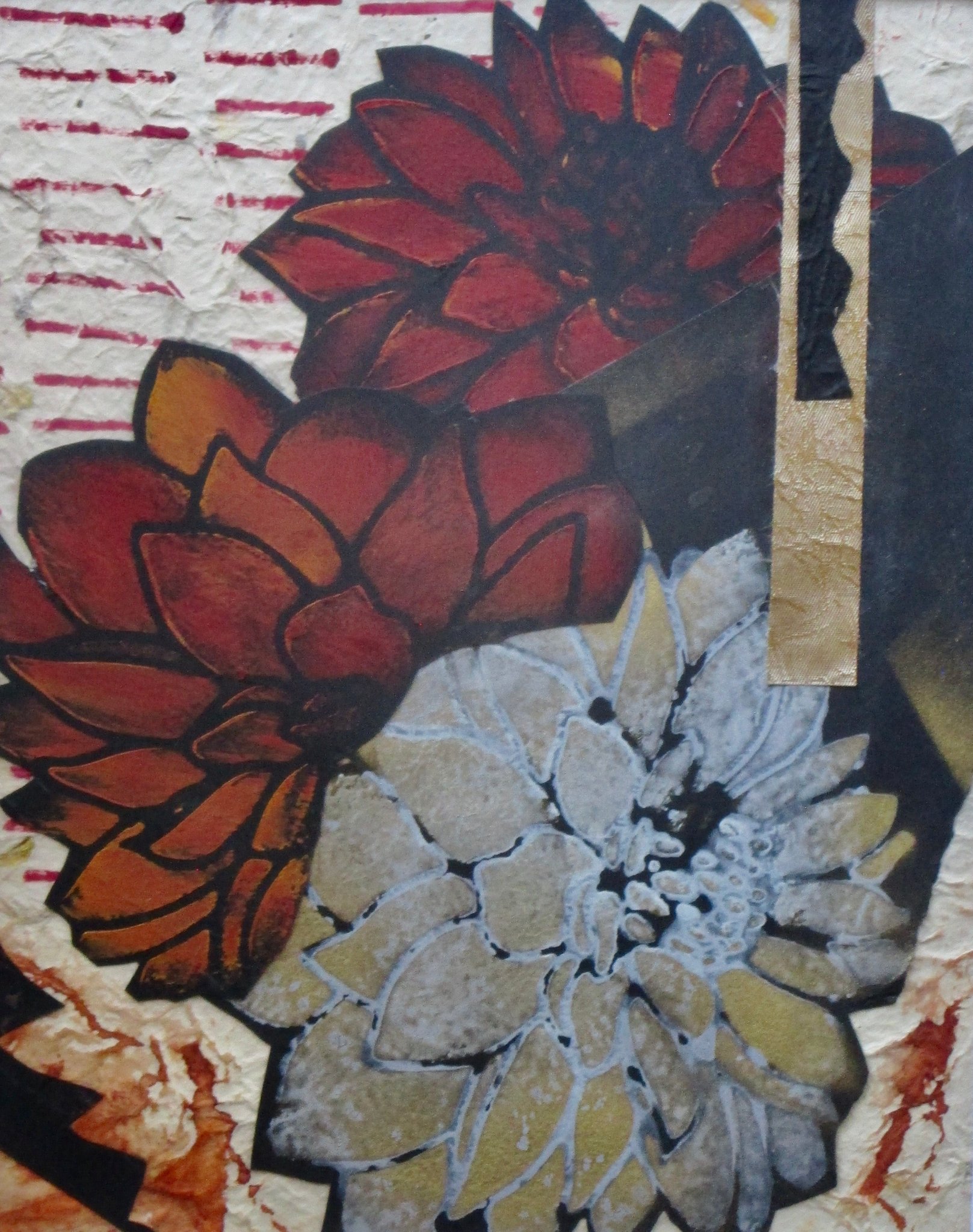 Dahlias III, watercolor, collage, 11 x 14 matted