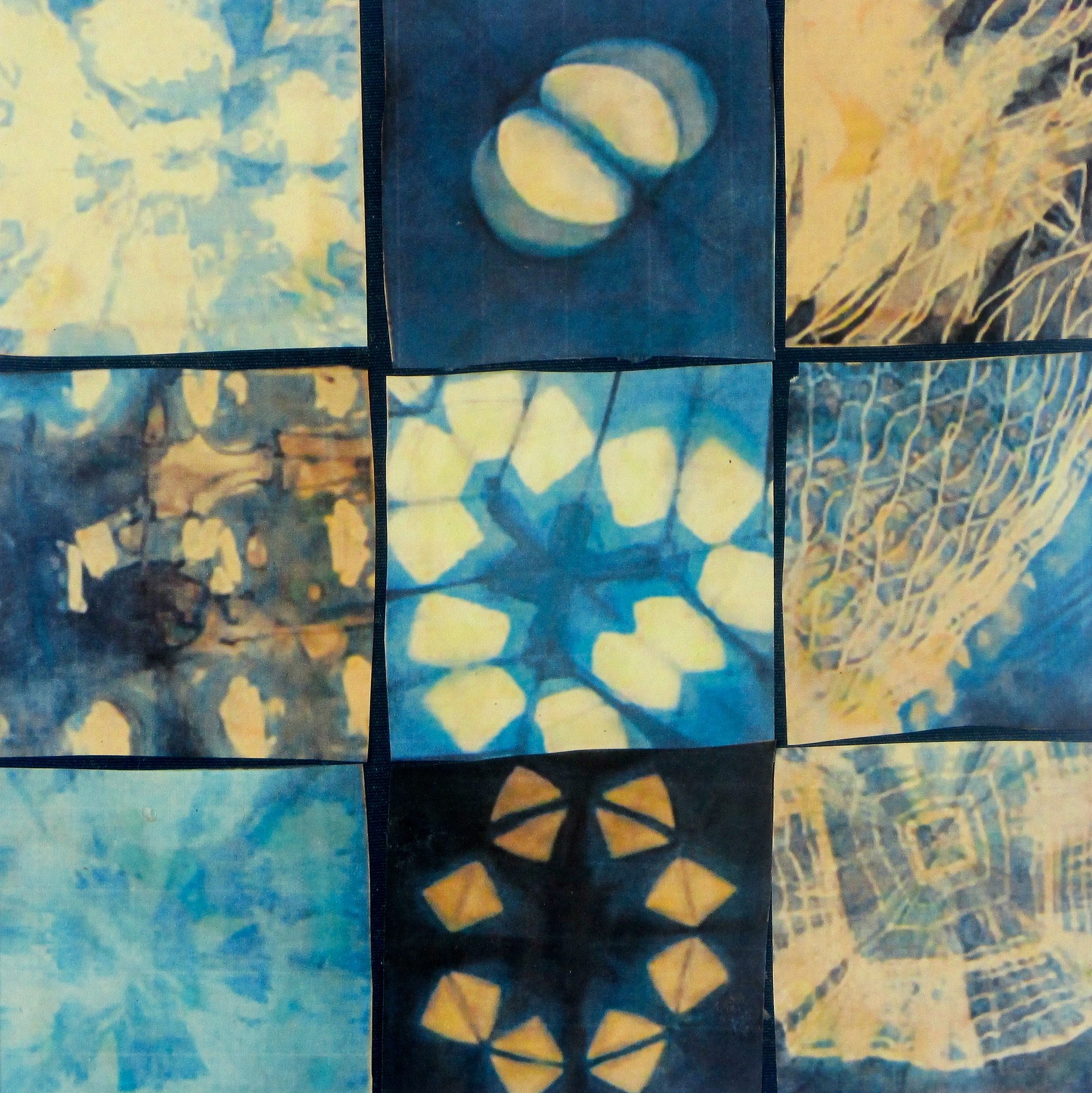 Indigo, watercolor, collage, 12 x 12 