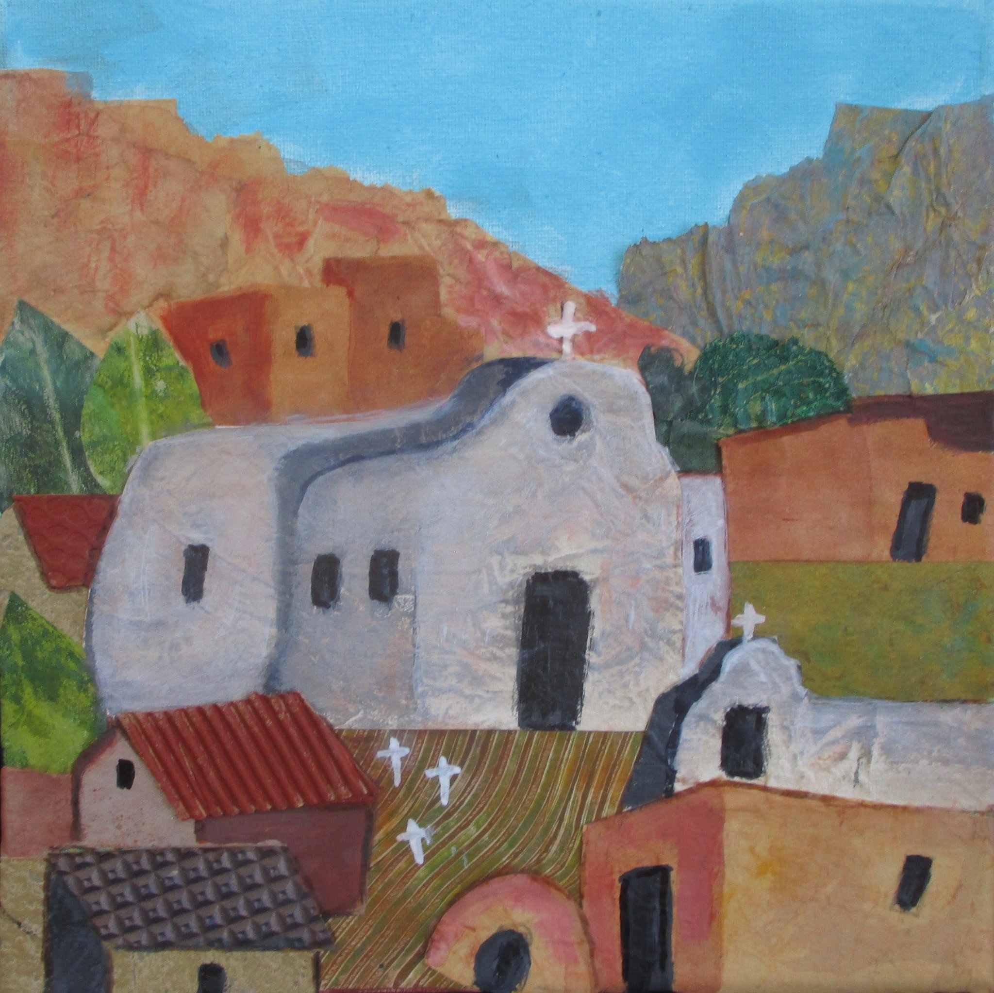 Pueblo Village, mixed media, 10x10