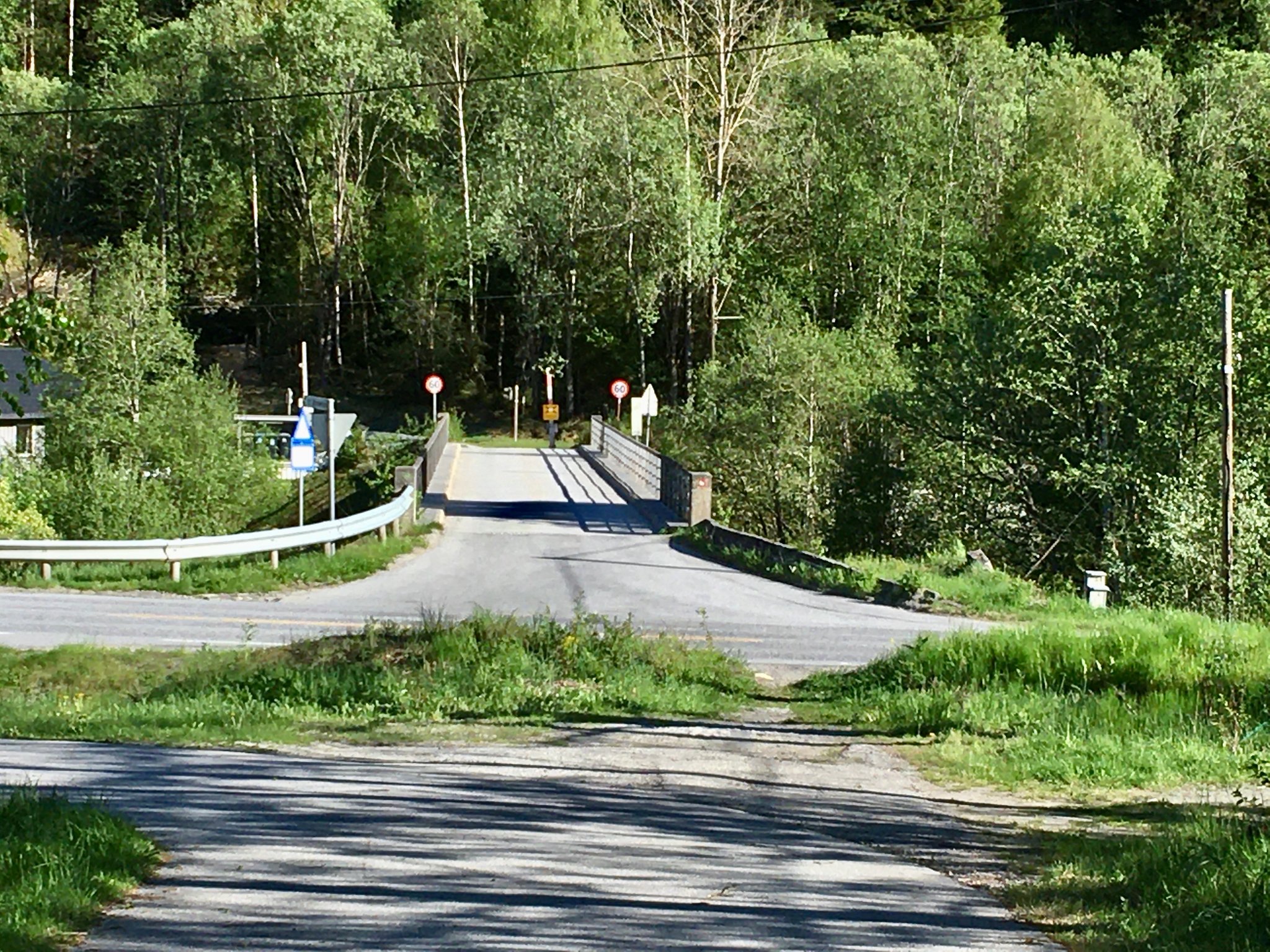 over Fv37 og deretter over denne bruen over Måna elven