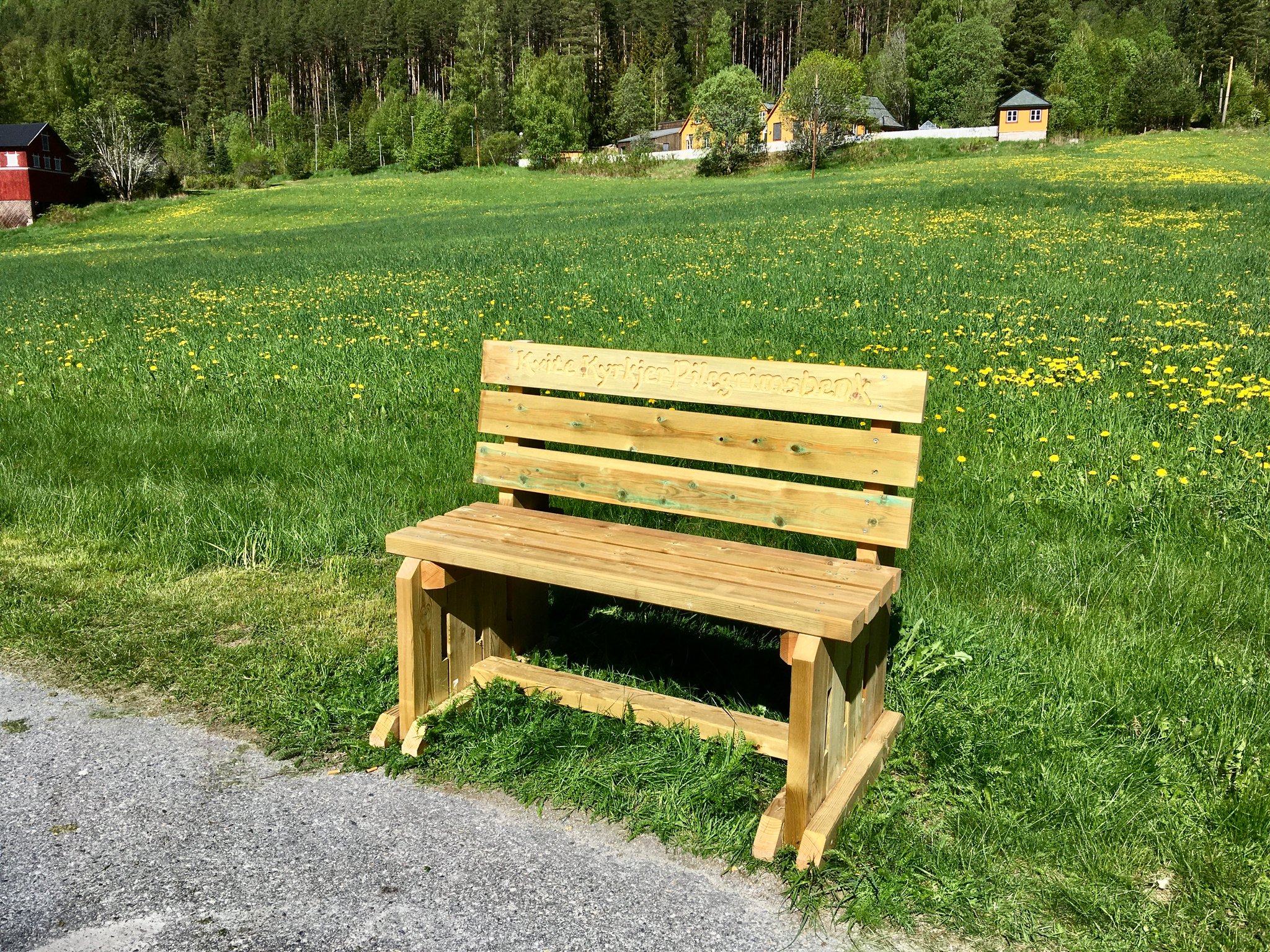 pilegrimsbenk ved gang og sykkelsti i Austbygde