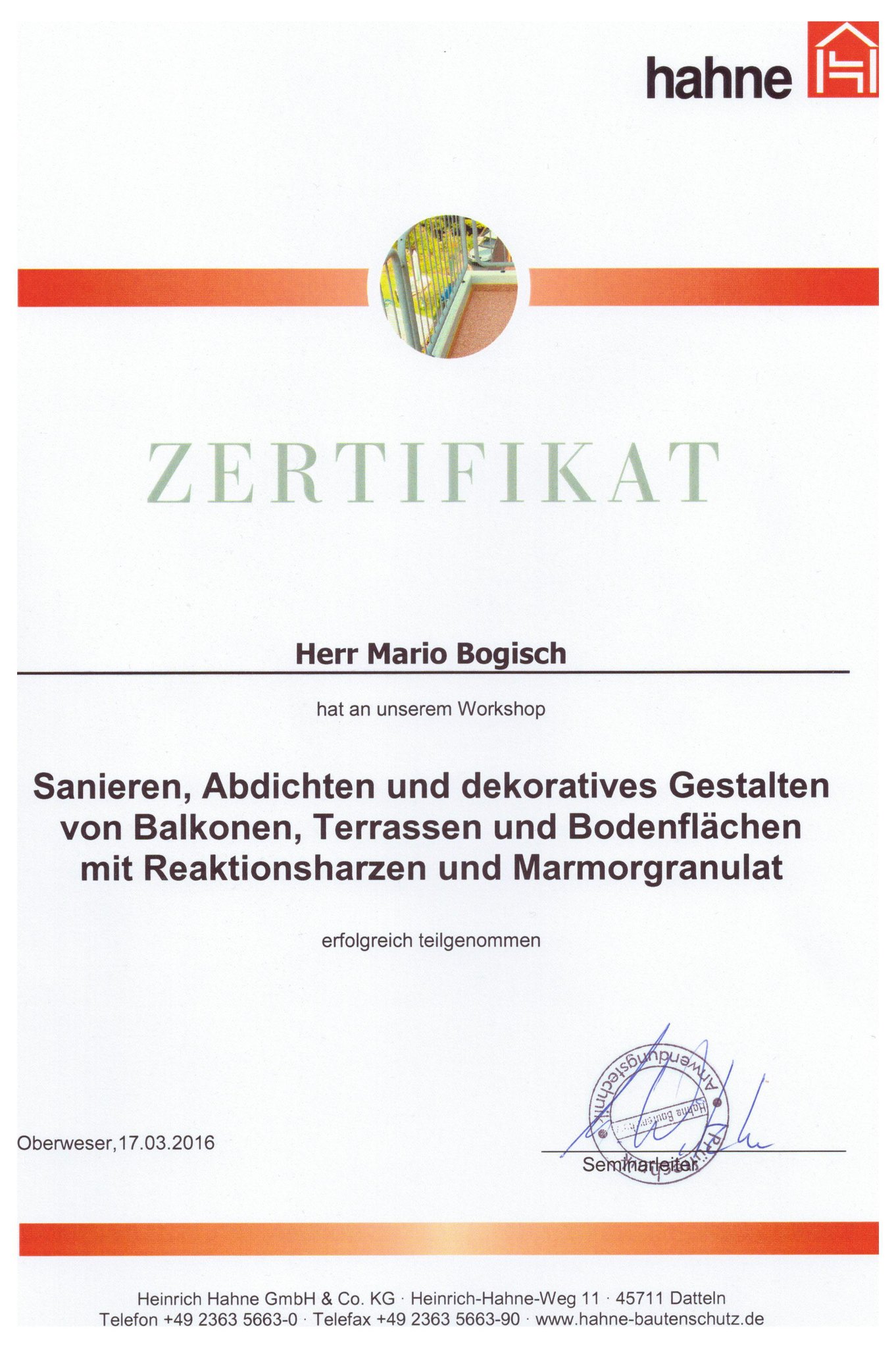 Zertifikat Terrassensanierung, Balkonsanierung, Bodensanierung  -  Mario Bogisch Bausysteme