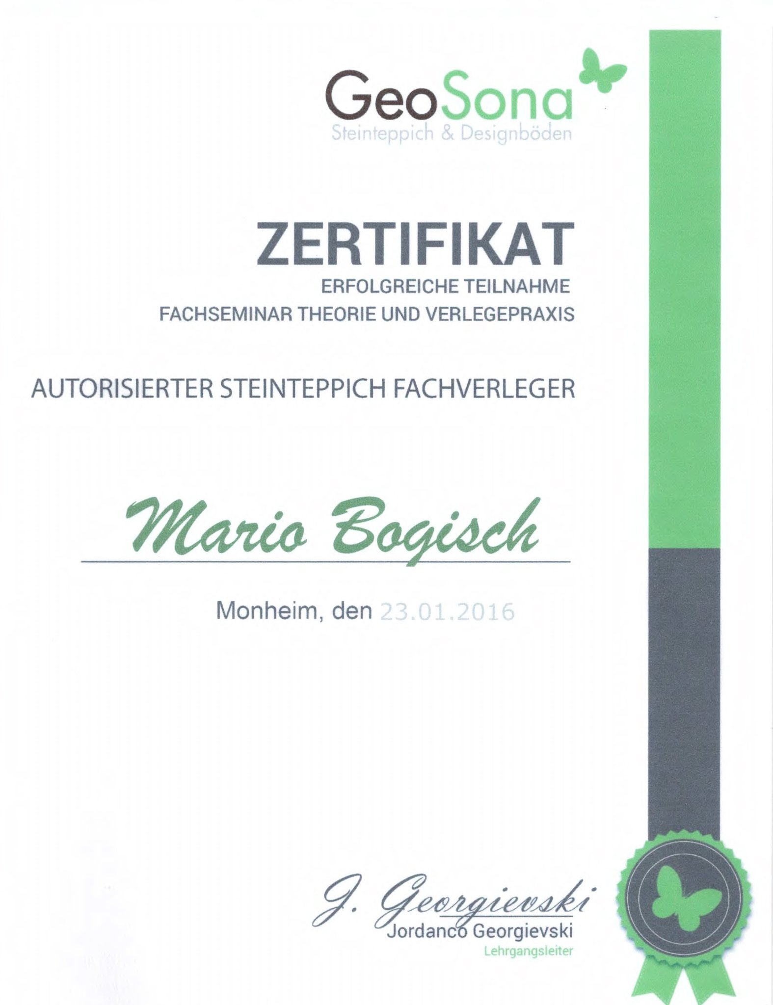 Zertifikat Steinteppich Fachverleger -  Mario Bogisch Bausysteme