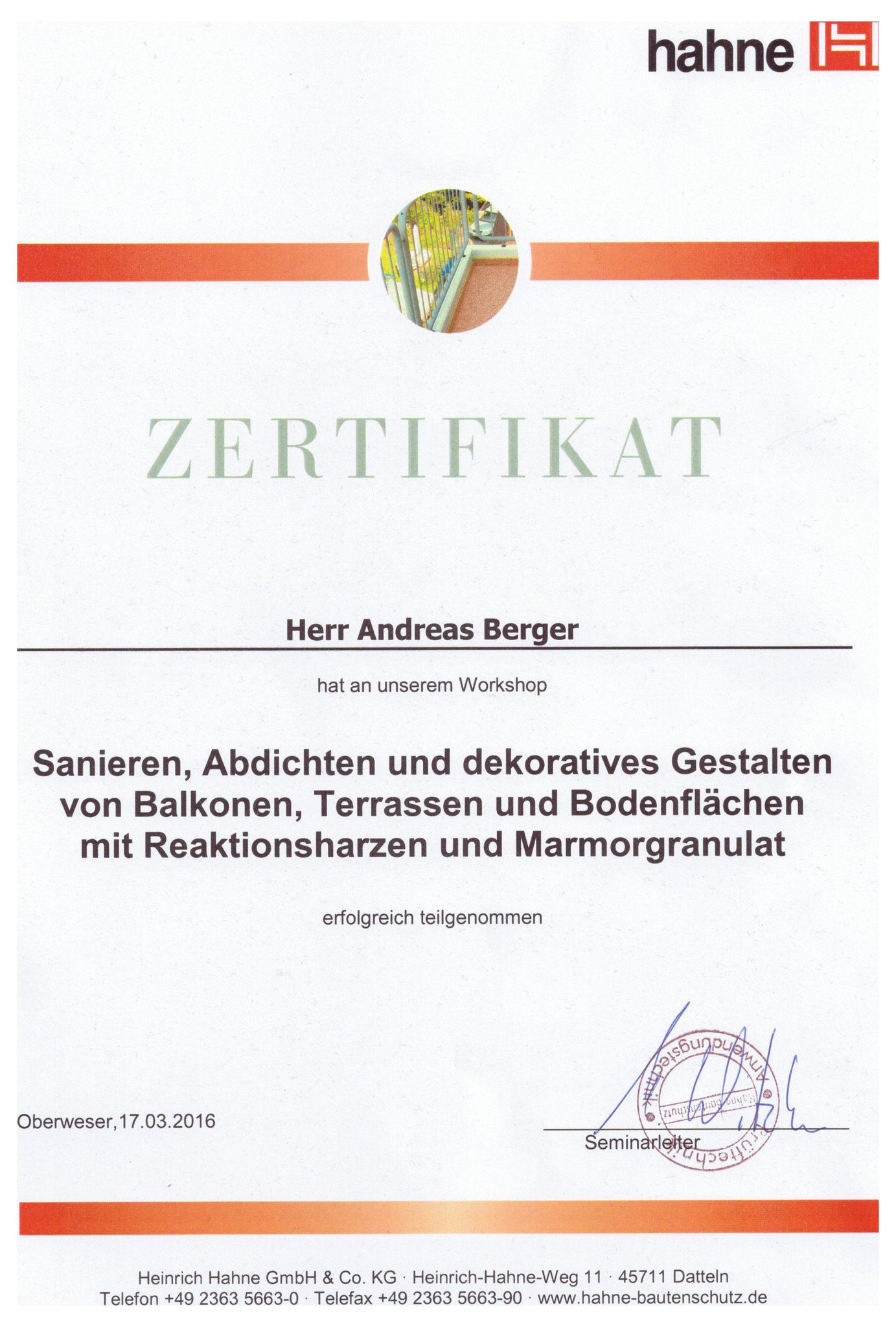 Zertifikat Terrassensanierung, Balkonsanierung, Bodensanierung  -  Mario Bogisch Bausysteme