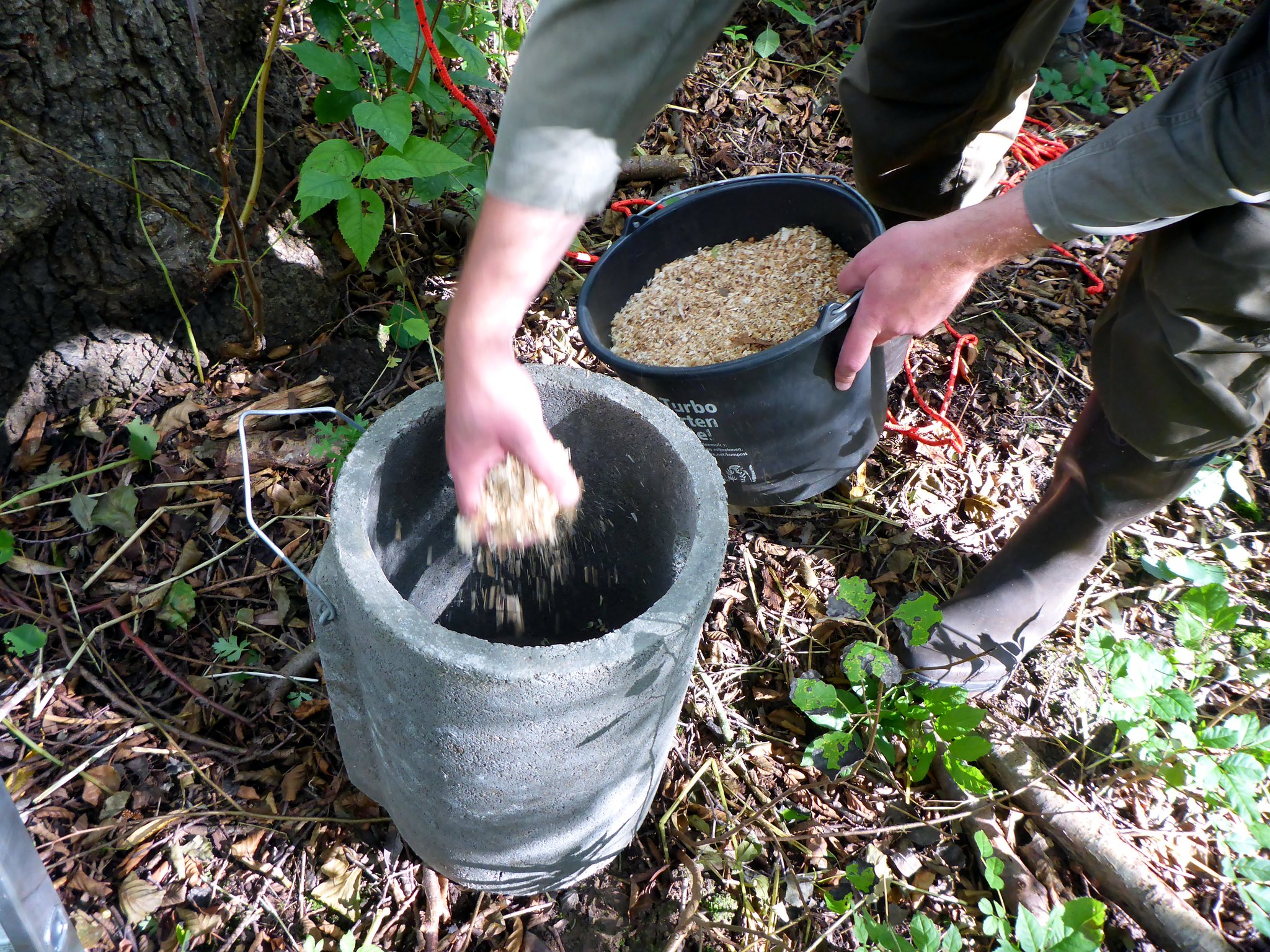 Grobes Sägemehl soll den Holzbetonkasten für die Schellente gemütlich machen.