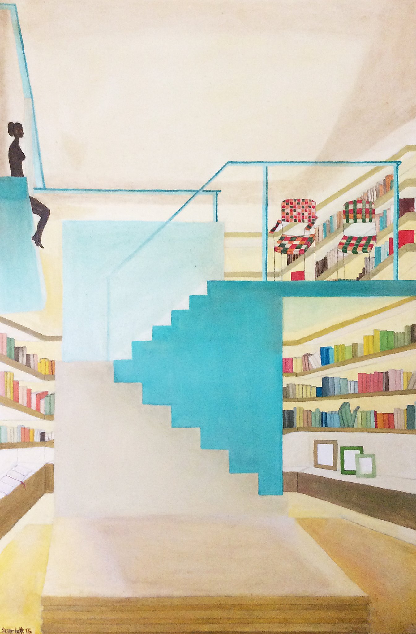 biblioteca moderna con pupa di legno; moderne Bibliothek mit Holzfigur; 120 x 80 cm, pittura ad olio/Ölbild