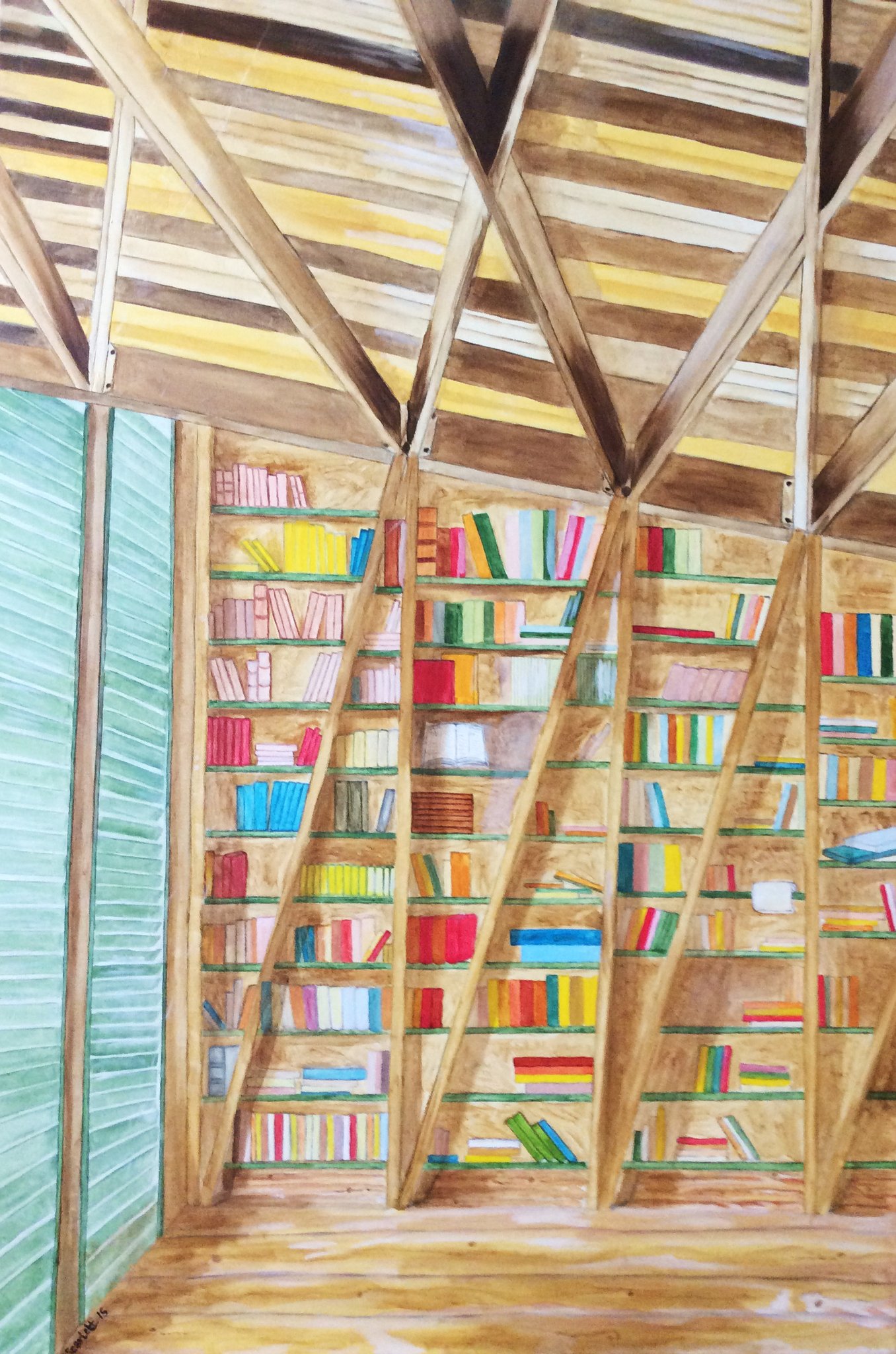biblioteca rustica, Holzbau-Bibliothek, 120 x 80 cm; pittura ad olio/Ölbild