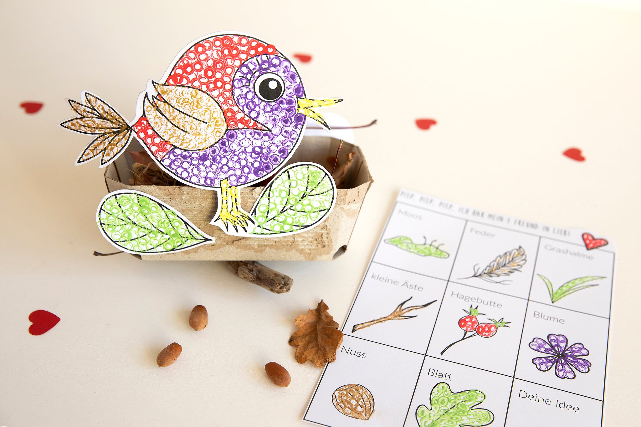 Vogel Greta - Bastelfarben/Röhrli