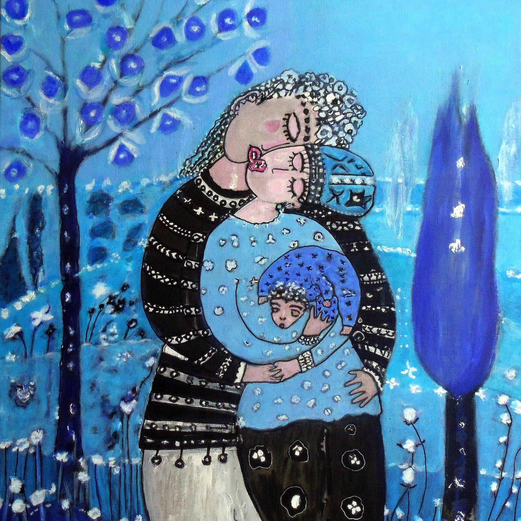 « Amours au secret de l'arbre 10 », 73x60 cm, encre, gesso, acrylique sur toile. Oeuvre de Geneviève Gourvil