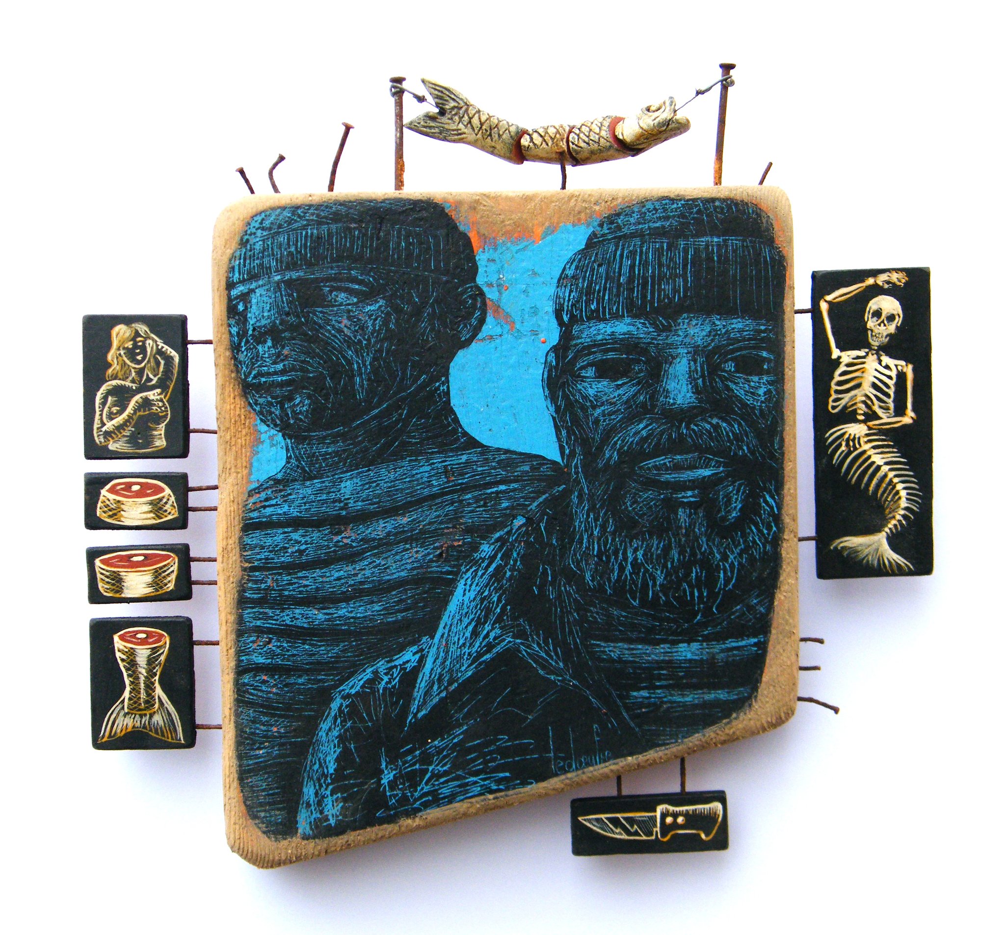 "Ex-voto Le mépris" - acrylique gratée sur morceau d'épave, acrylique sur bois, métal,  céramique peinte et cirée - 30x31cm