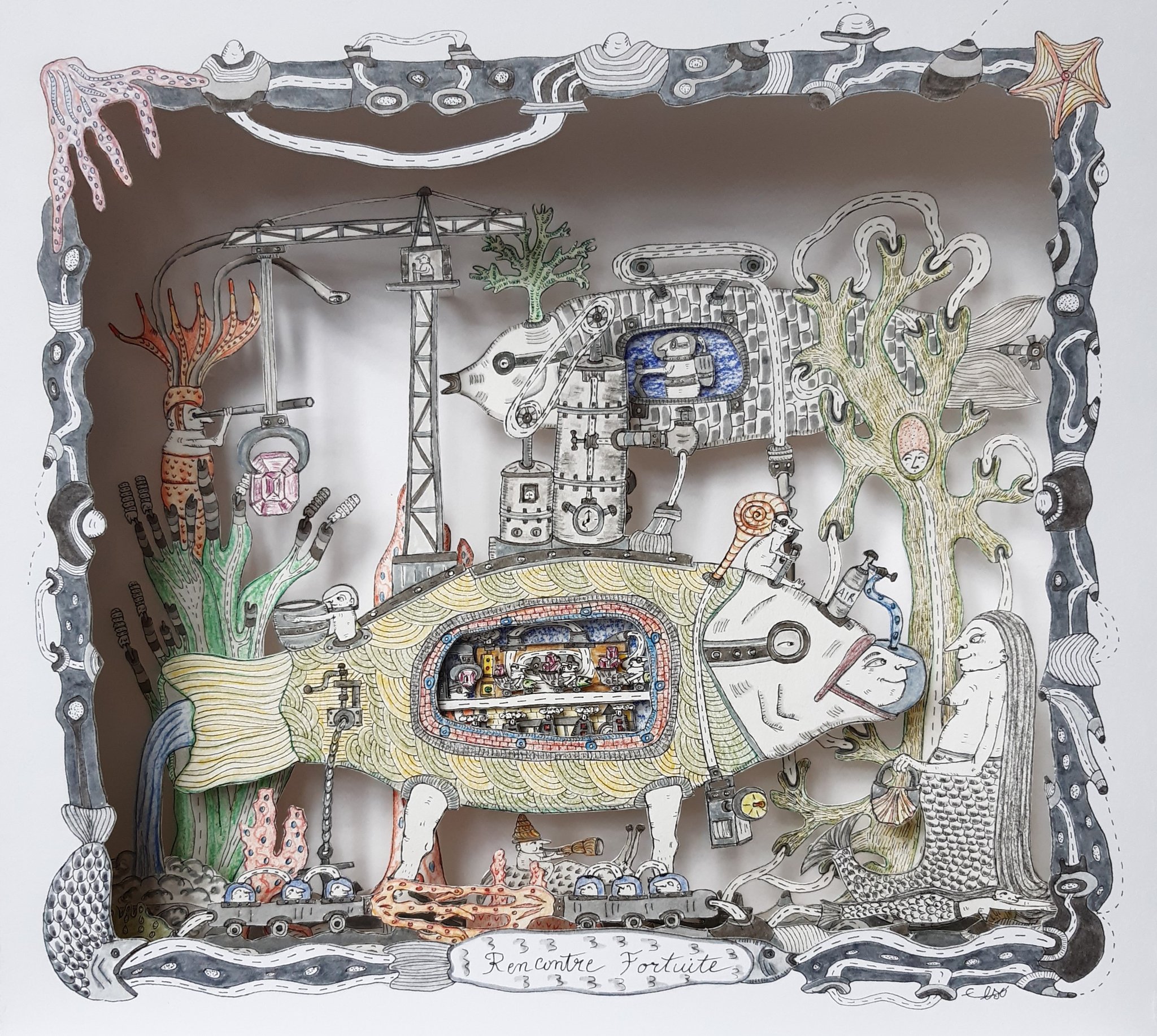 Rencontre fortuite - encre de Chine et crayons de couleur  sur papier - Diorama 33x30 cm