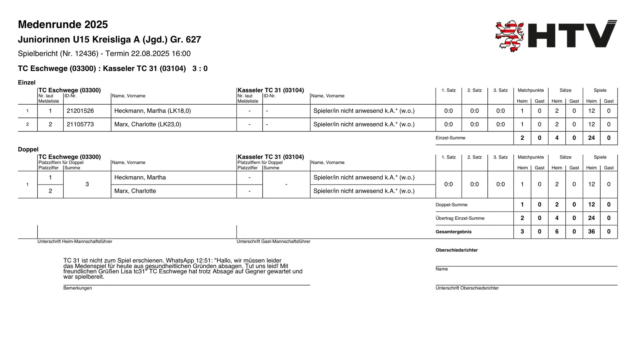 22. August 2025 gegen TC Kassel 31 (ist jedoch nicht angetreten)