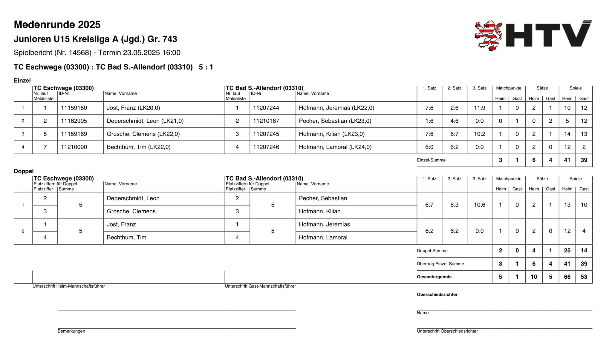 23. Mai 2025 gegen TC Bad Sooden Allendorf