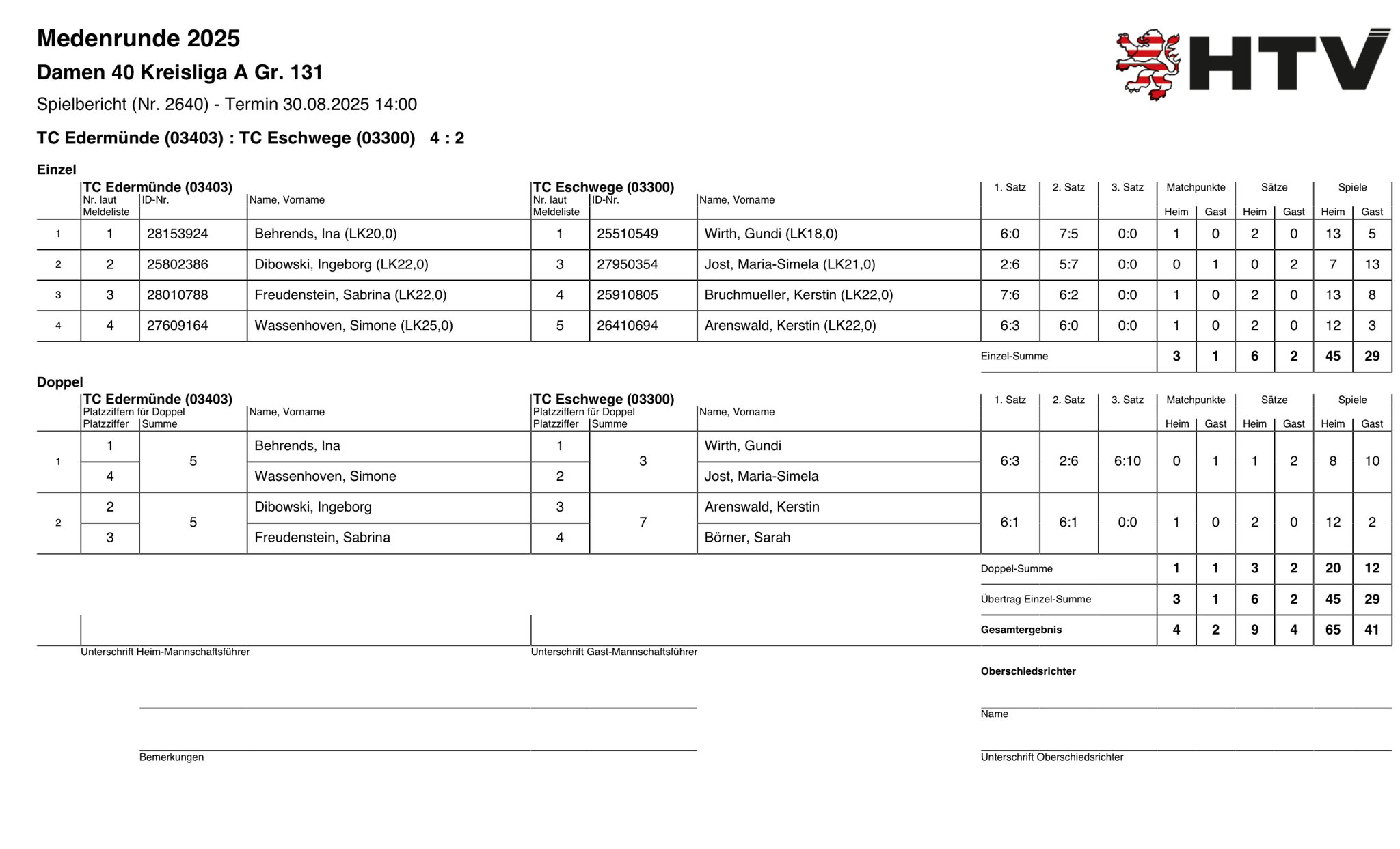 30. August gegen TC Edermünde