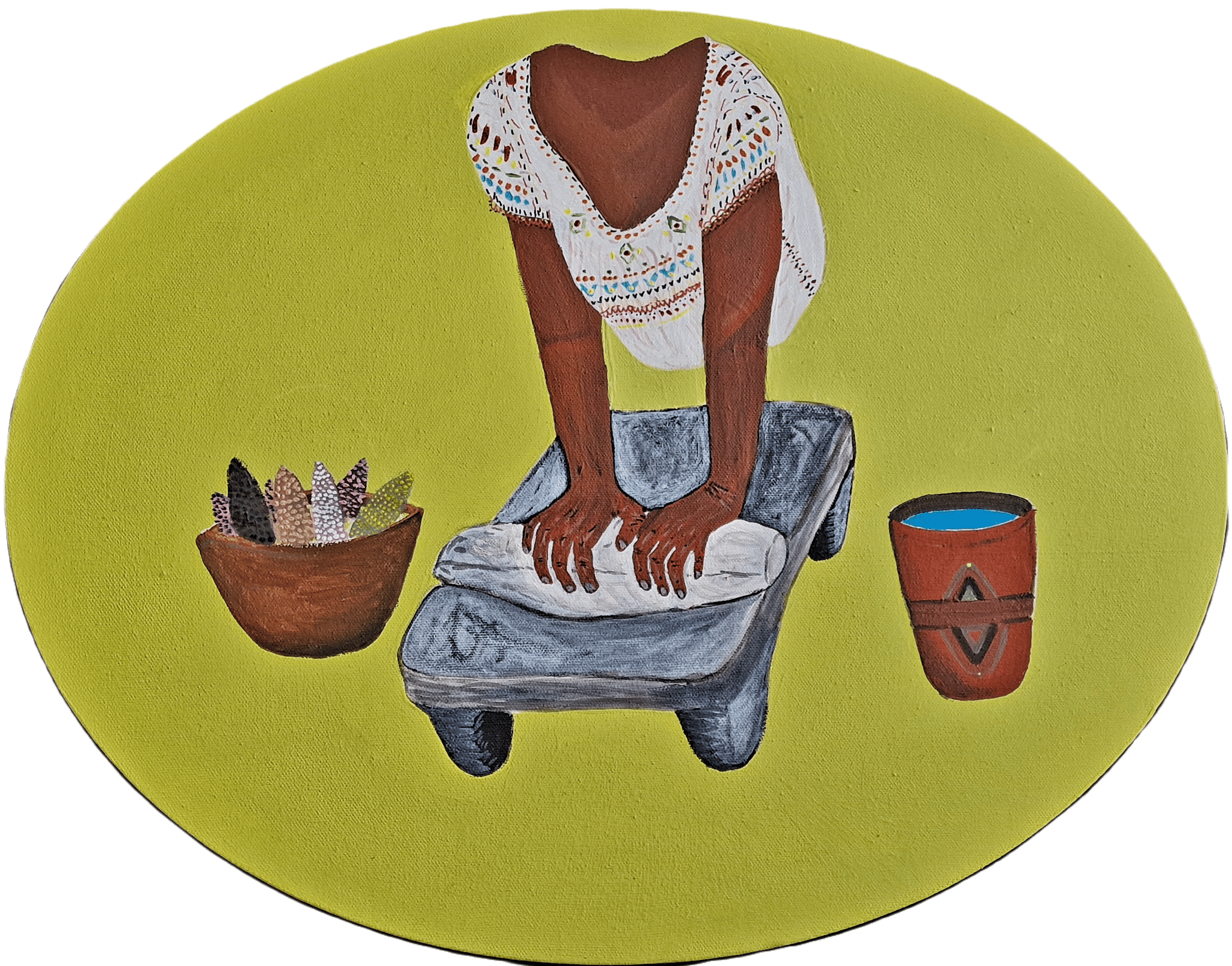 Metate Acrylique sur toile ovale, 30x40 cm, 2023 (550 €)