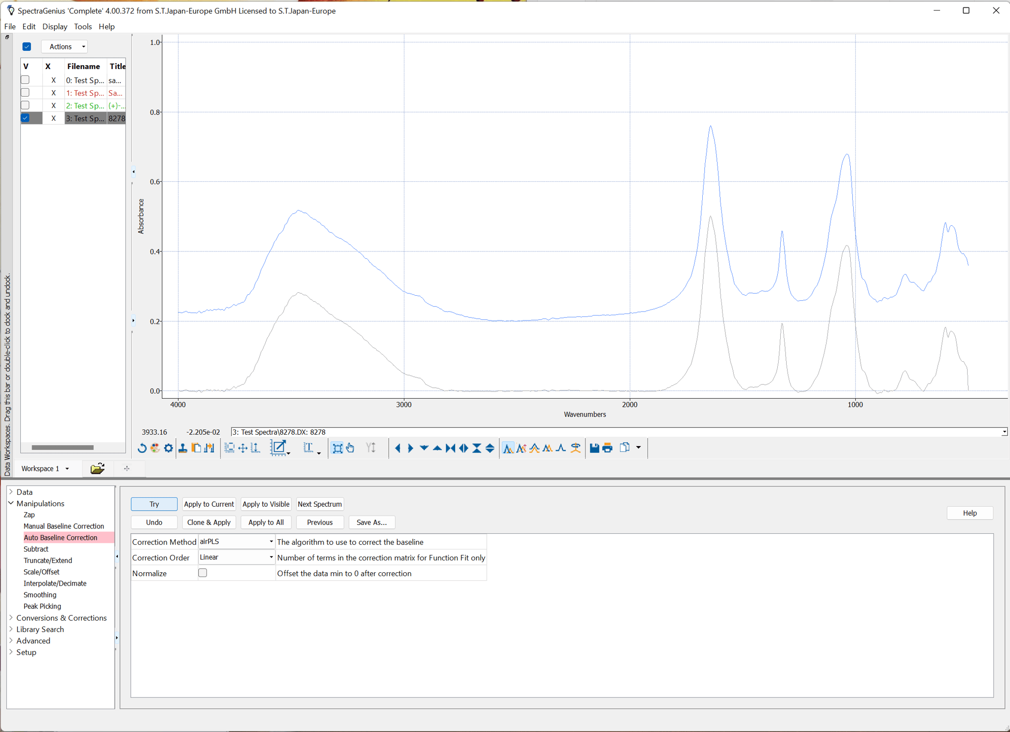 Original spectrum (blue) and baseline corrected preview (grey)