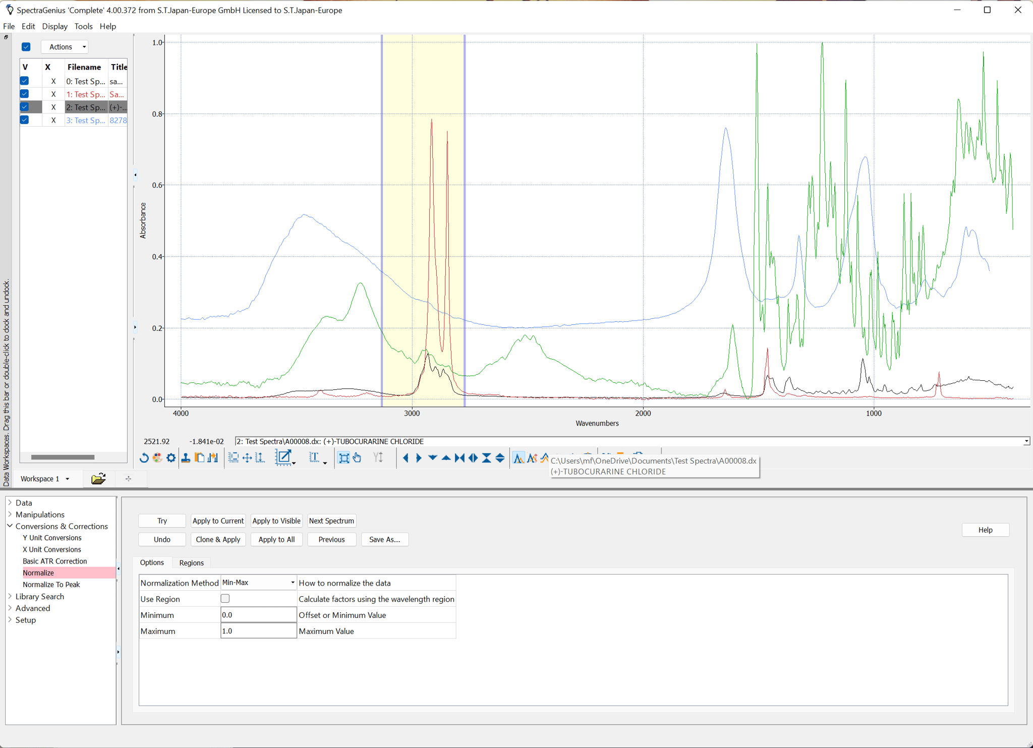Display and processing of multiple spectra in one go