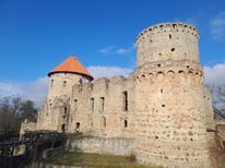 Walls of Cesis Castle, Latvia, against blue sky