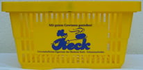 Einkaufskorb gelb, bedruckt mit Logo der Bäckerei Keck in blau