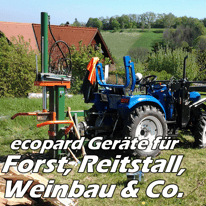 ecopard Kleintraktor Anbaugeräte für den Reitstall, Weinbau und Forstwirtschaft (Seilwinde, Holzhächsler, Reitbahnplaner, Gebläsespritze)