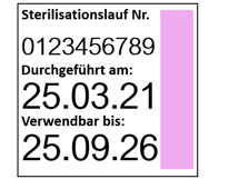 Abbildung Sterilisationsetikett mit Text und Indikatorfarbe (Dampfsterilisation), bedruckt mit einem Handauszeichner