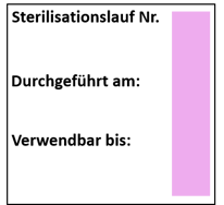 Abbildung Sterilisationsetikett im Format 29x28, bedruckt mit Text sowie Balken mit Indikatorfarbe