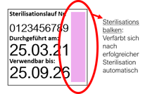 Abbildung eines Sterilisationsetiketts mit Erläuterung Farbumschlag Sterilisationsbalken