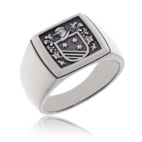 Wappen-Ring in Weissgold mit individuellen Familienwappen aus der Herrenschmuck-Kollektion Klassik-Cushion von der Goldschmiede OBSESSION