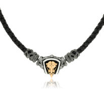 Geknüpftes Ledercollier mit Schädel Anhänger in Silber und Rotgold aus der Mikrokosmos Männerschmuck Kollektion der Goldschmiede OBSESSION