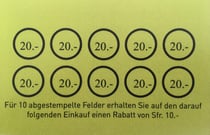 Mit unserer Kundenkarte erhalten Sie ab einem Einkauf von 20 Franken einen Stempel. Ist Ihre karte voll, erhalten Sie auf den darauf folgenden Einkauf einen Rabatt von 10 Franken.