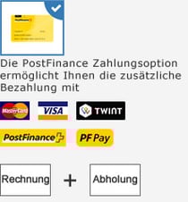 - Die PostFinance Zahlungsoption ermöglicht Ihnen NEU zusätzlich das Bezahlen mit VISA, MasterCard und TWINT. - PayPal - Per Rechnung - Bei Abholung