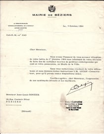 Lettre de remerciement du Maire de Béziers