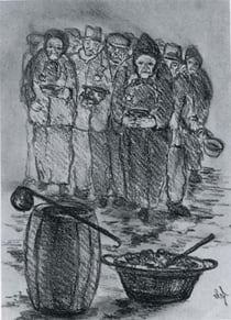 テレジン収容所でスープの配給を待つ人々