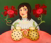 Kompliziert (rosa Tisch) 60x70cm, Öl auf Leinwand  ©Sonja Rieser 2021/22