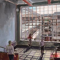 dénesh ghyczy, "bauhaus window with visitors", 2019, 50 x 60 cm, acrylic on cardboard, framed – erlas galerie