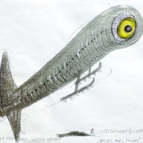 tone fink, "flug aug wurm", 21 x 29,7 cm, 2005,  colored pencil, pen & silver marker on paper – erlas galerie