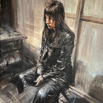 alessandro papetti, "ritratto nello studio", 2000, 198 x 118 cm, oil on canvas – erlas galerie