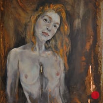 raffaella busdon "dal rame all‘oro, alessia", 2020, öl, blattgold & -kupfer auf oxidiertem eisen, 71 x 55 cm – erlas galerie