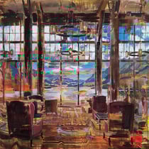 dénesh ghyczy, "lakeside lodge", 2021, 140 x 160 cm, oil & acrylic on canvas – erlas galerie
