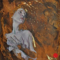 raffaella busdon "materia prima", 2020, öl & blattgold auf oxidiertem eisen, 81 x 61 cm – erlas galerie