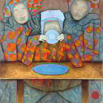 michou hutter, "bei tisch", 2016, 80 x 60 cm, oil on cardboard – erlas galerie