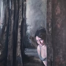 raffaella busdon "il sogno di giulia", 2021, oil & collage on canvas paper, 142 x 77 cm – erlas galerie