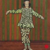 michou hutter, "figur vor tapete", 2016, 145 x 115 cm, oil on canvas – erlas galerie