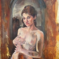 raffaella busdon, "elisir", 2023, 91 x 70 cm, oil & gold leaf on oxidized iron – erlas galerie