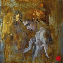 raffaella busdon "interaction 06 nikolas", 2019, öl auf oxidiertem eisen, 100 x 66 cm – erlas galerie