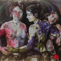 raffaella busdon, „tre grazie in fiore“, 2016, öl auf polykarbonat & collage, gerahmt, 105 x 118 cm – erlas galerie – verkauft