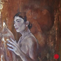 raffaella busdon "contatto ilaria", 2021, oil & gold leaf on oxidized iron, 70 x 50 cm – erlas galerie