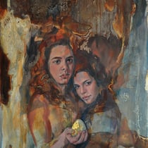 raffaella busdon "golden age 02", 2019, oil on oxidized iron, 100 x 67 cm – erlas galerie