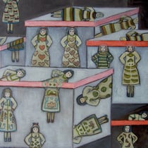 michou hutter, "schachteln", 2019, 37 x 53 cm, oil on wood – erlas galerie