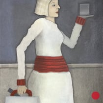 michou hutter, "figur mit tablett", 2018, 50 x 40 cm, oil on cotton – erlas galerie